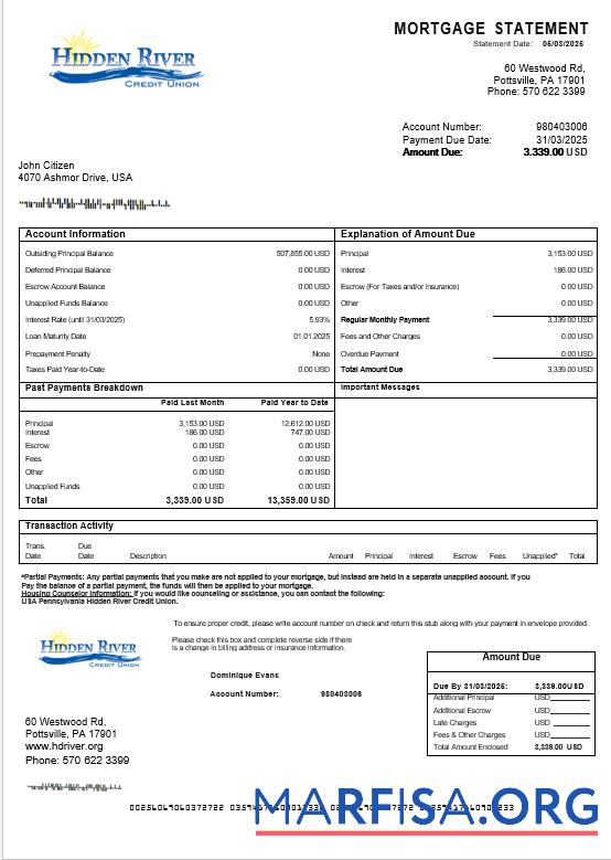 Realistic USA Pennsylvania Hidden River Credit Union mortgage statement in Word and PDF formats sample